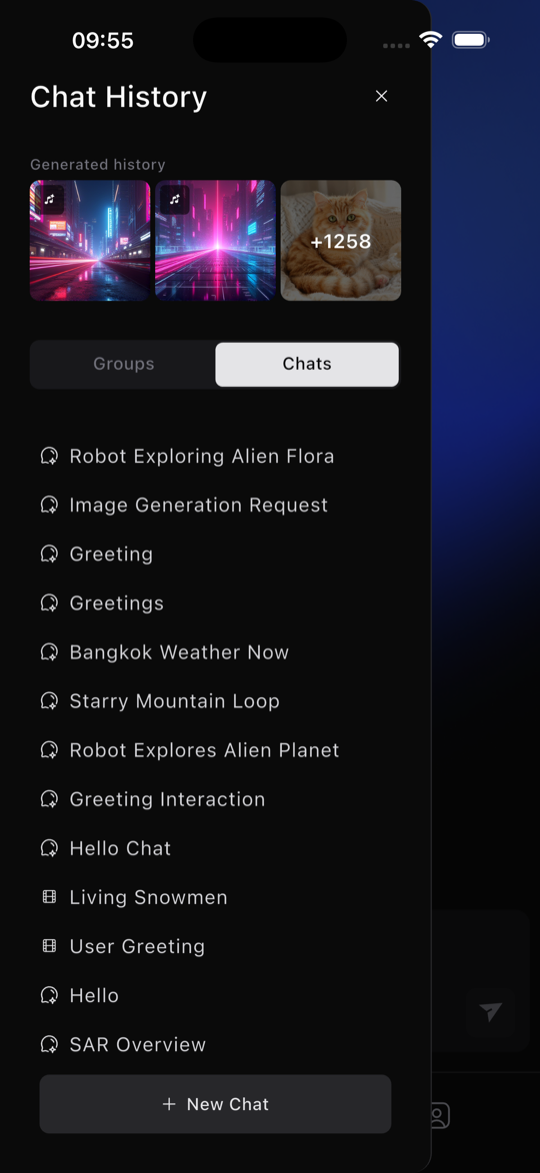 Magick Box chat history panel with generated-image thumbnails and past chats