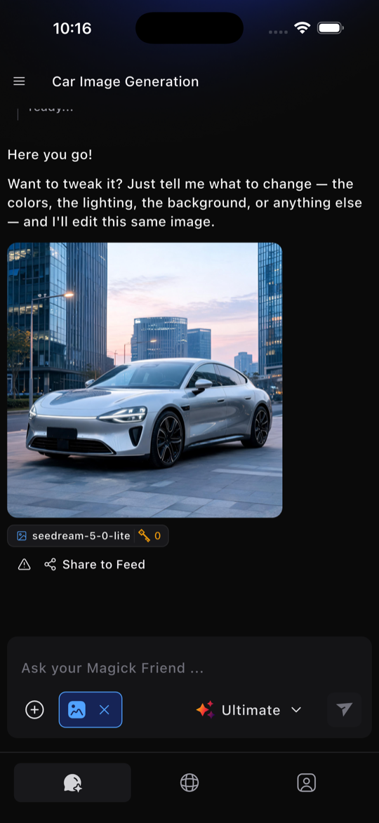 Magick Box generating a car image inside a chat, with a follow-up edit prompt