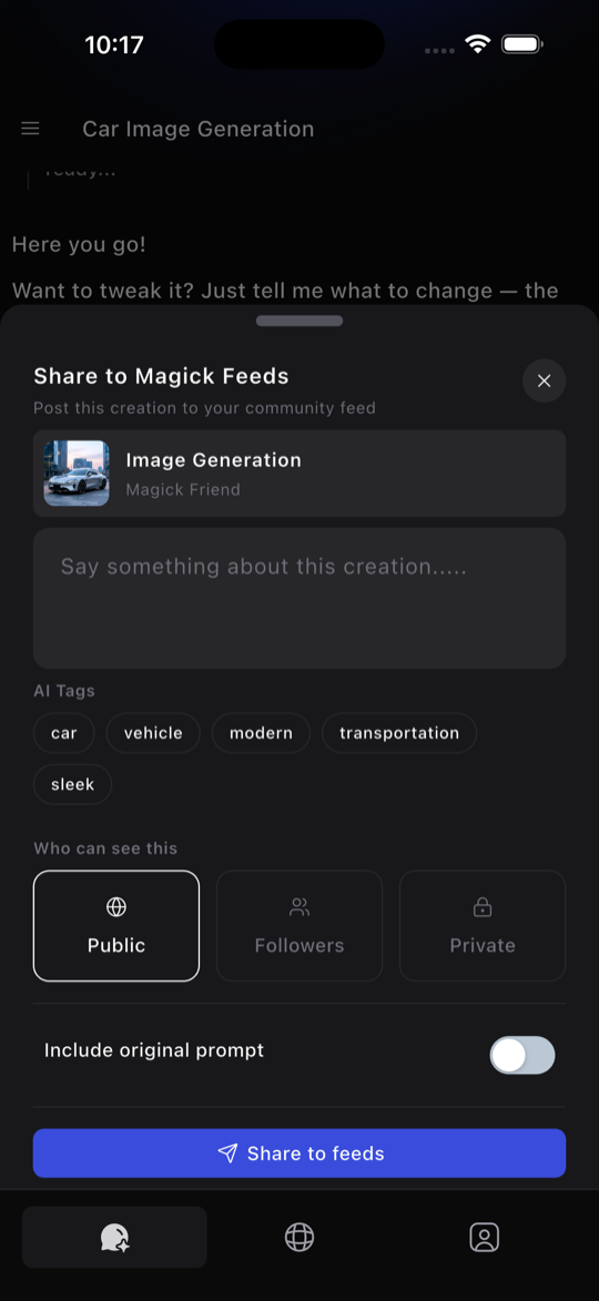 Magick Box share sheet with AI tags and public, followers or private visibility