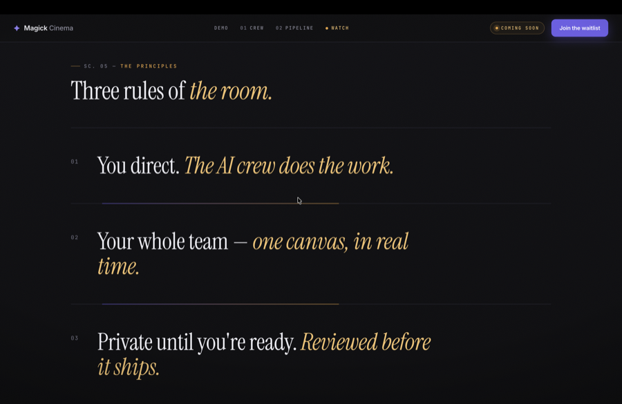 Magick Cinema principles: you direct, the AI crew does the work, one canvas in real time