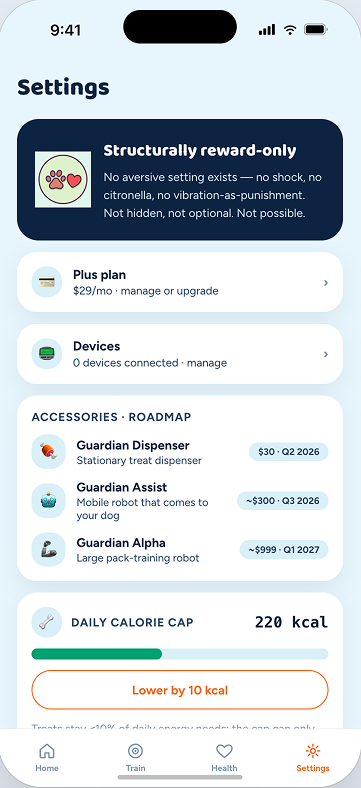 Magick Guardian settings showing the structurally reward-only design and daily calorie cap