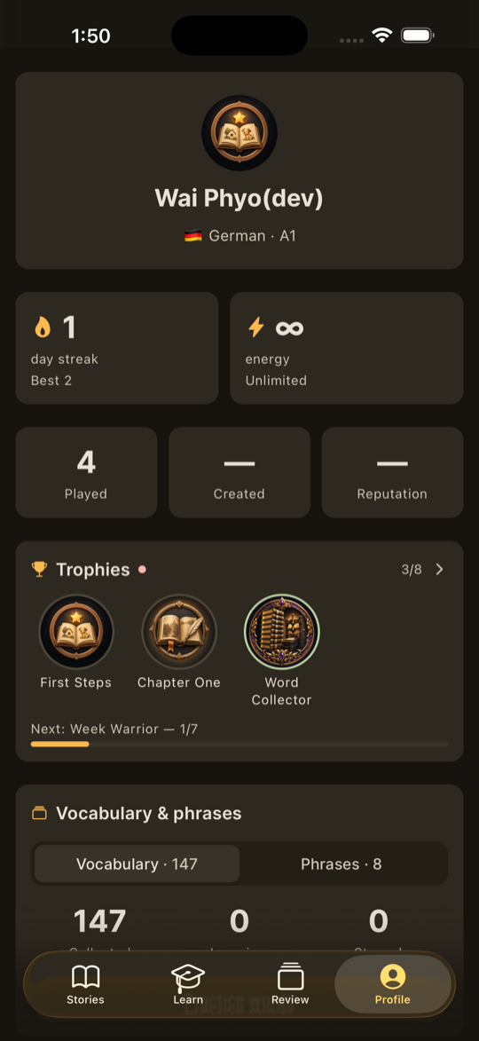 Magick Learn profile with streak, energy and vocabulary stats