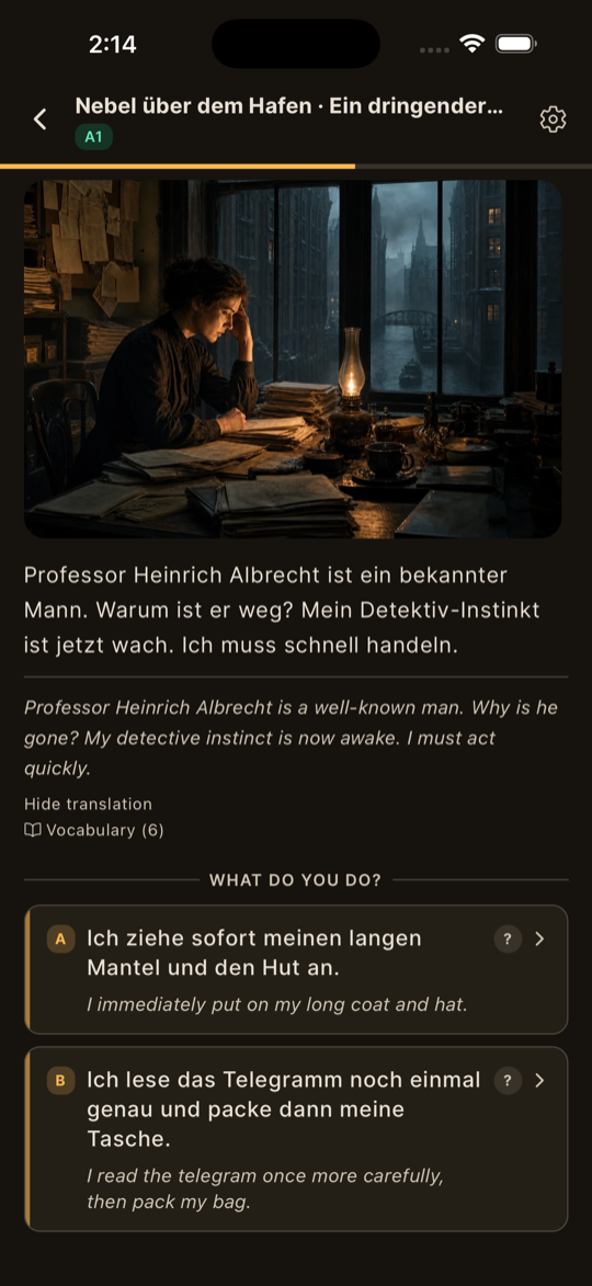 Magick Learn story with target-language choices for what the character does next