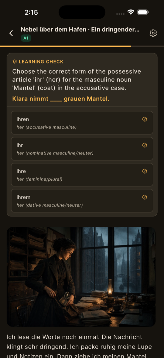 Magick Learn comprehension check shown mid-story