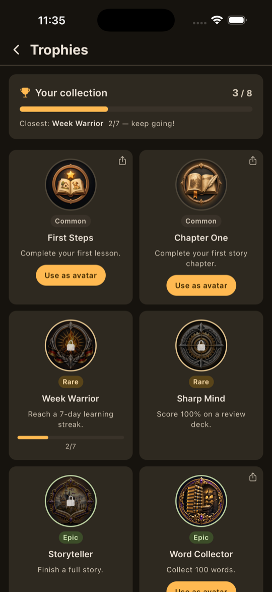 Magick Learn trophies and achievements screen